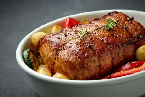Pyszny schab w cebuli, pieczony z ziemniakami, cukinią i papryką. Idealny na niedzielny obiad.