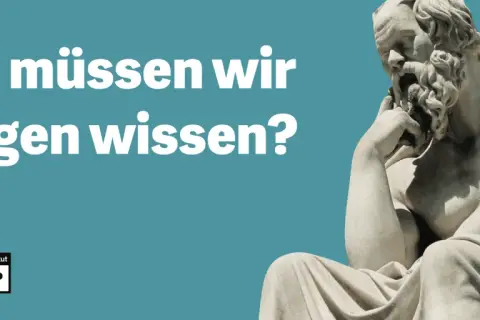Denkender Sokrates fragt: "Was müssen wir morgen wissen?". Ein Symbol für den Megatrend Wissenskultur.