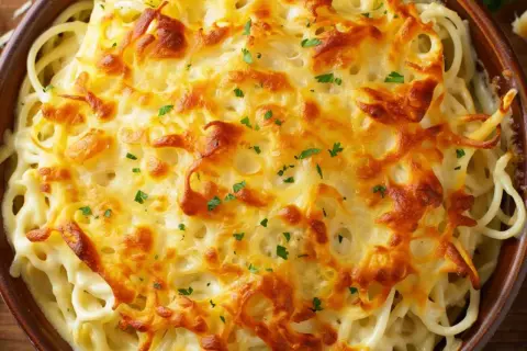 Überbackene Spaghetti mit Butter und Parmesan, goldbraun und knusprig, garniert mit Petersilie.