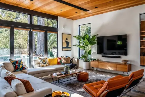 A living room showcasing mid-century modern architecture with large windows, a sectional sofa, and iconic orange leather chairs.
