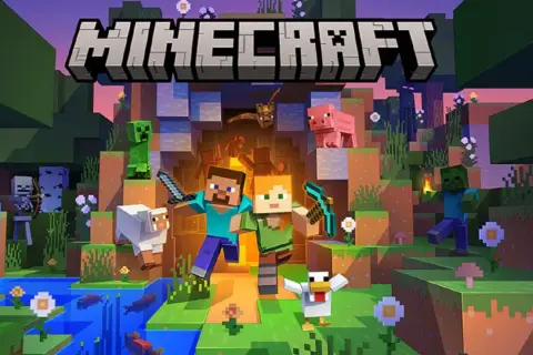 Steve i Alex gotowi na przygodę w świecie Minecrafta, gdzie **minecraft cross play** pozwala grać z przyjaciółmi niezależnie od platformy. Creeper, zombie i inne stwory czają się w tle.