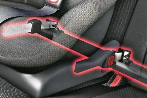 System isofix od kiedy? Widok na pasy bezpieczeństwa w samochodzie, z zaznaczonymi punktami mocowania.