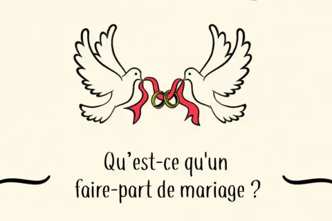 Deux colombes tiennent des anneaux de mariage avec des rubans rouges. La question "Qu'est-ce qu'un faire-part de mariage ?" est écrite en dessous.