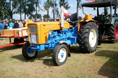 Żółto-niebieski Ursus C-360, klasyk na wystawie. Zastanawiasz się, ile oleju do silnika C 360? Ten traktor to historia polskiej motoryzacji.