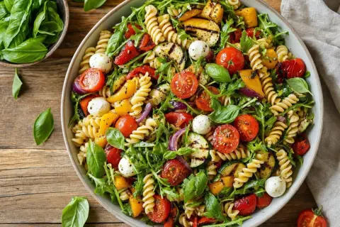 Salade de pâtes colorée avec des tomates cerises, des courgettes grillées, des poivrons, de la roquette et des billes de mozzarella.