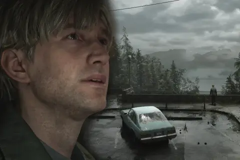James Sunderland blickt nachdenklich in die Ferne, während im Hintergrund ein verlassenes Auto und eine neblige Landschaft zu sehen sind. Ein Ausblick auf den **Silent Hill 1 Remake**.