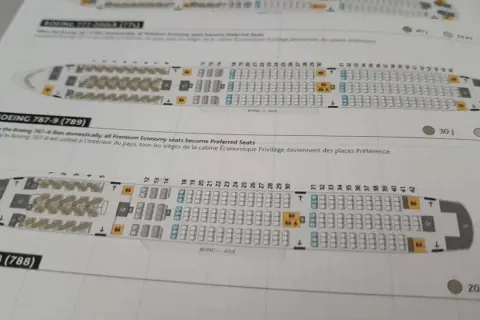 Flugzeug sitzplan für Boeing 787-9. Premium Economy Sitze sind als bevorzugte Sitze markiert.