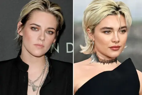Kristen Stewart e Florence Pugh con un bixie cut medio, acconciature audaci e look da red carpet.