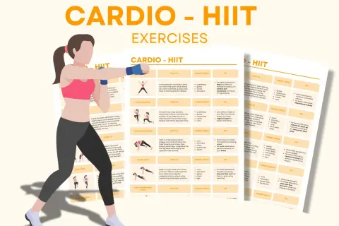 Kobieta w stroju sportowym, plansza z ćwiczeniami HIIT. Szukasz inspiracji na jaki trening na redukcje?