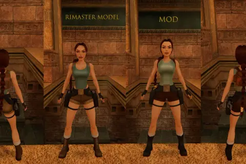 Porównanie modeli Lary Croft: "rimaster model" vs "mod" w tomb raider remake.