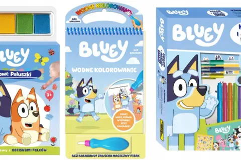 Zestawy Bluey: kolorowanki wodne wielokrotnego użytku z magicznym pisakiem i kolorowe paluszki do zabawy.
