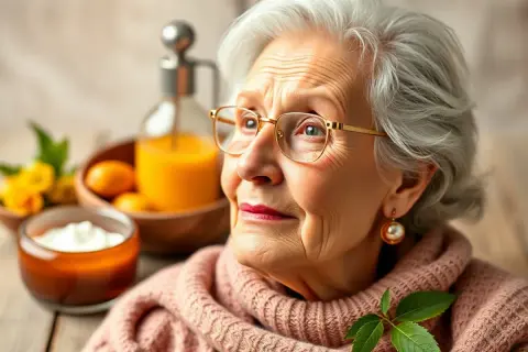 Une femme âgée aux cheveux gris, portant des lunettes, semble réfléchir à un remède de grand-mère contre les rides, avec des ingrédients naturels à proximité.