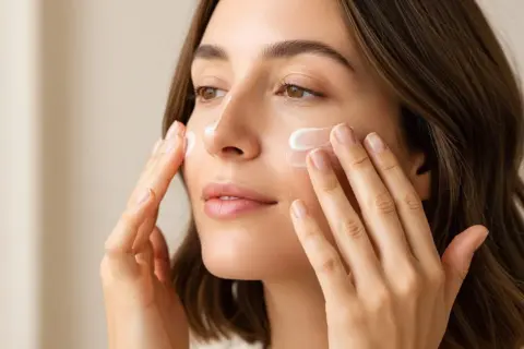 Donna applica crema viso. Il phenoxyethanol cos'è? Un conservante comune nei cosmetici per la cura della pelle.