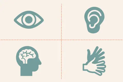 Vier Symbole: Auge, Ohr, Gehirn, Hände. Sie illustrieren, welche Lerntypen es gibt: visuell, auditiv, kognitiv und kinästhetisch.