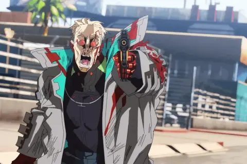 Ein blutverschmierter Mann mit roten Augen und einem Schrei zielt mit einer Waffe. Er könnte ein Charakter aus Cyberpunk Edgerunners Season 2 sein.