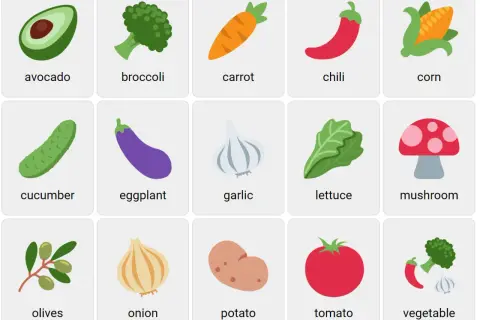 Tarjetas con imágenes de aguacate, brócoli, zanahoria, chile, maíz, pepino, berenjena, ajo, lechuga, champiñón, aceitunas, cebolla, patata, tomate y una verdura.