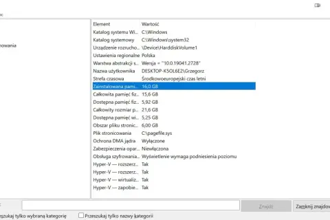 Podsumowanie systemu: zainstalowana pamięć RAM w laptopie to 16,0 GB.