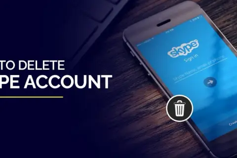 Jak usunąć konto Skype? Ilustracja pokazuje ekran logowania aplikacji Skype na telefonie, z ikoną kosza i tekstem "HOW TO DELETE SKYPE ACCOUNT".