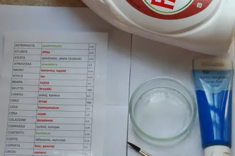 Potrzebne materiały do zrobienia zdrapki z farby: farba akrylowa, pędzel, szklane naczynie i lista słówek.