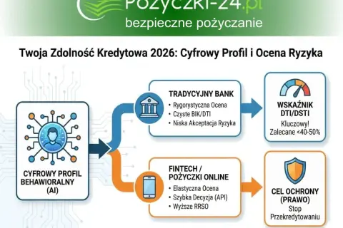 Schemat porównujący tradycyjny bank i fintech pod kątem oceny zdolności kredytowej i ryzyka.