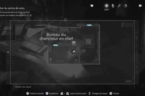 Carte du centre de soins, objectif : trouver les quartz dans le bureau du chercheur en chef, un complément commune lieu dit.