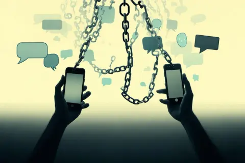 Dwie ręce trzymają telefony, połączone łańcuchami z dymkami czatu. Jak usunąć kogoś z grupy na Messengerze?