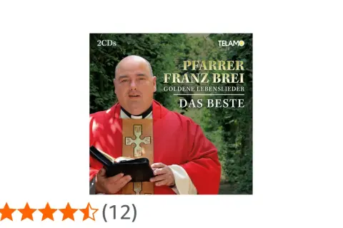 Pfarrer Franz Brei hält ein Buch, trägt eine rote Stola. Das Album "Goldene Lebenslieder - Das Beste" wird beworben.