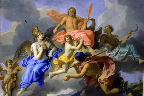 Gudinnan Athena, en krigisk gudom, sitter med spjut och sköld. Ovanför henne tronar Zeus, omgiven av andra gudar och putti.
