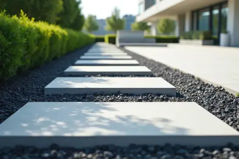 Nowoczesny chodnik z płyt i kamienia, otoczony zielenią, prowadzi do minimalistycznego budynku.
