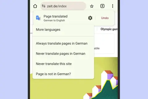 Menú de traducción de página de alemán a inglés. Opciones para gestionar sitios en inglés y otros idiomas.