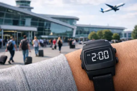 Zegarek pokazuje 2:00 PM. Pasażerowie z bagażami spieszą do terminalu. Ile wcześniej trzeba być na lotnisku po odprawie online?