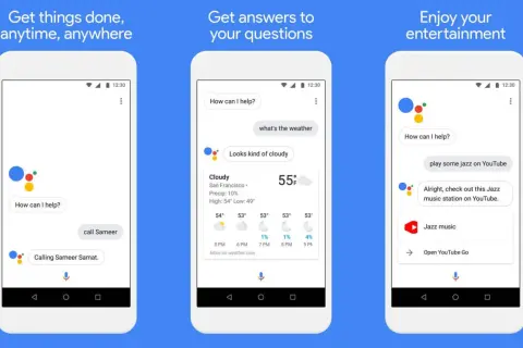 Trois écrans de téléphone affichant l'Assistant Google. L'un montre "Hey Google ne fonctionne pas" et appelle Sameer, un autre donne la météo, le dernier joue du jazz sur YouTube.
