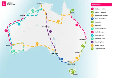 Australien-Karte mit Routen: 2 Wochen Australien? Ja, das lohnt sich! Von Perth bis Cairns, die Vielfalt ist riesig.