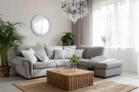 Przytulny salon w stylu boho glamour: szara kanapa, wiklinowy stolik, kryształowy żyrandol i dużo zieleni.