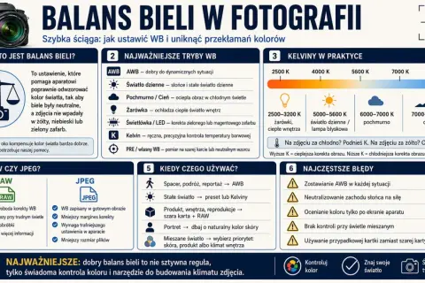 Poradnik o balansie bieli w fotografii. Wyjaśnia, jak ustawić WB, by uniknąć przekłamań kolorów. Zawiera informacje o trybach WB, kelwinach i błędach.