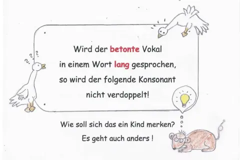 Gänse erklären Kindern die Regeln für lange und kurze Vokale in der Grundschule. Eine Glühbirne symbolisiert eine Idee.