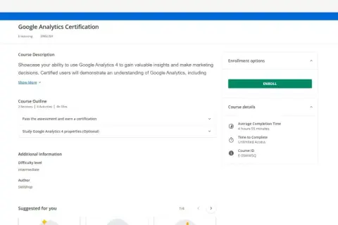 Page de cours pour obtenir une **certification digital** Google Analytics. Apprenez à utiliser Google Analytics 4 pour des analyses marketing.
