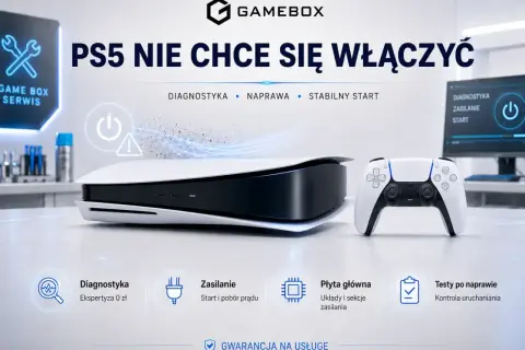 Konsola PS5 i kontroler na stole, z ikonami usług serwisowych poniżej.