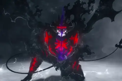 Asta in Teufelsform, bereit für den Kampf in Black Clover Staffel 5. Dunkle Magie und rote Glühwürmchen umgeben ihn.