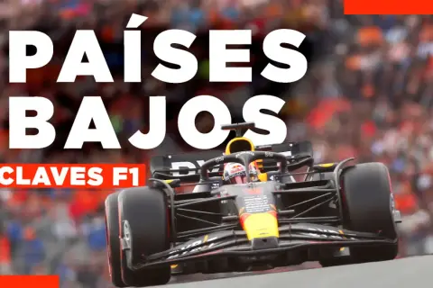 Coche de Fórmula 1 en carrera, con texto "PAÍSES BAJOS" y "CLAVES F1". El resultado F1 hoy podría ser una victoria holandesa.