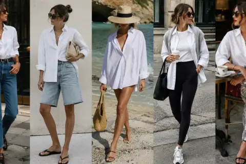 Cinque modi per abbinare la camicia bianca: con jeans, shorts, gonna di paillettes, leggings o come copricostume.