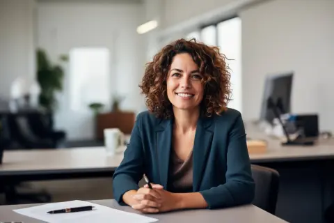 Lächelnde Frau im Büro, bereit für ihre Umschulung zur Verwaltungsfachangestellten in Hamburg.
