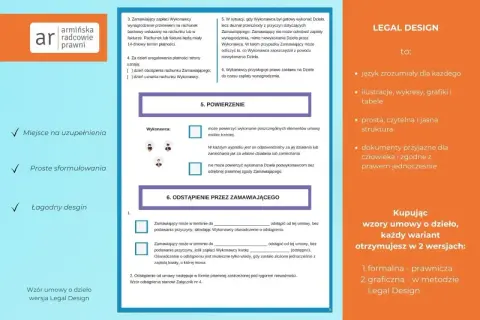 Wzór umowy o dzieło w wersji Legal Design: przejrzyste zasady, jasne sformułowania i przyjazny design.