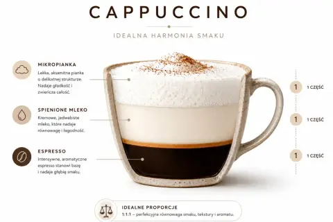 Kawa z kakao w filiżance, pokazująca idealne proporcje espresso, mleka i pianki. Idealna harmonia smaku.
