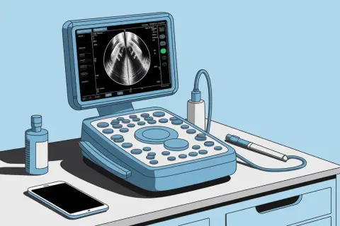 Appareil d'échographie prêt pour un bladder scan. Gel, sonde et smartphone à proximité.