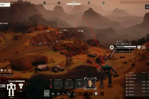 Bitwa mechów w grze strategicznej, widok z góry, czerwone linie celowania.
