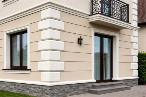 Elegancka fasada domu z kamiennym cokołem i białymi boniami. Okna i drzwi w ciemnej oprawie.