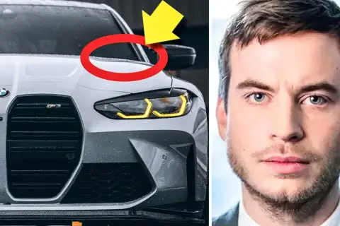 En man tittar intensivt bredvid en BMW M3, en bil med en distinkt årsmodell.