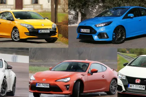 Kolaż pięciu sportowych aut: żółty Renault Megane RS, niebieski Ford Focus RS, biały Nissan 370Z Nismo, pomarańczowy Toyota GT86 i biały Honda Civic Type R.