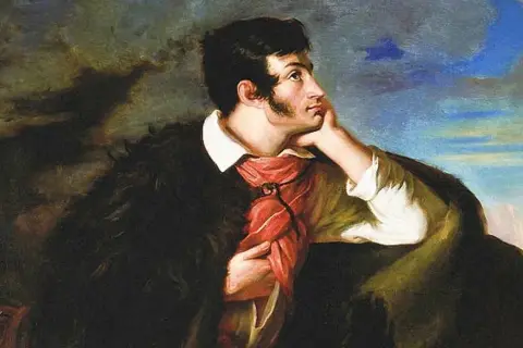 Portret mężczyzny w czarnym futrze i czerwonej chuście, zamyślonego, w tle burzowe niebo. Obraz oddaje ducha epoki romantyzmu.